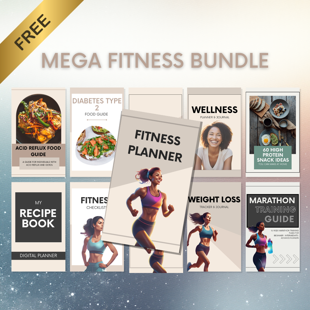Mega Fitness Bundle with various fitness guides and planners on a gradient background