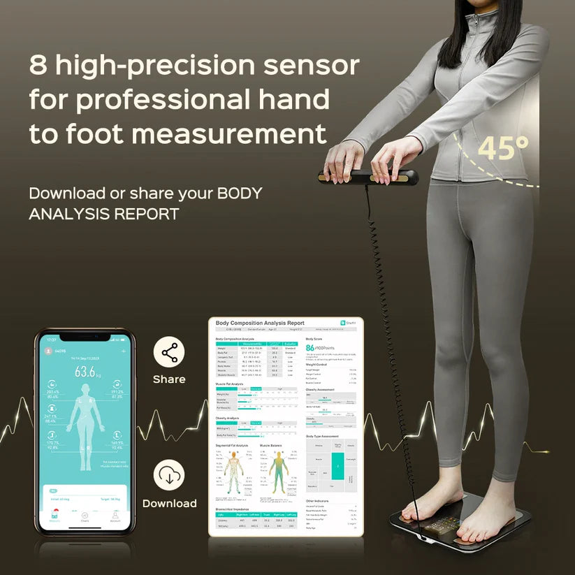 Person using a device for professional hand to foot measurement with smartphone app and report on dark background