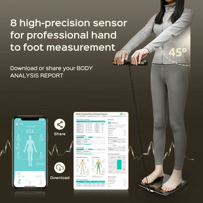 Person using a device for professional hand to foot measurement with smartphone app and report on dark background