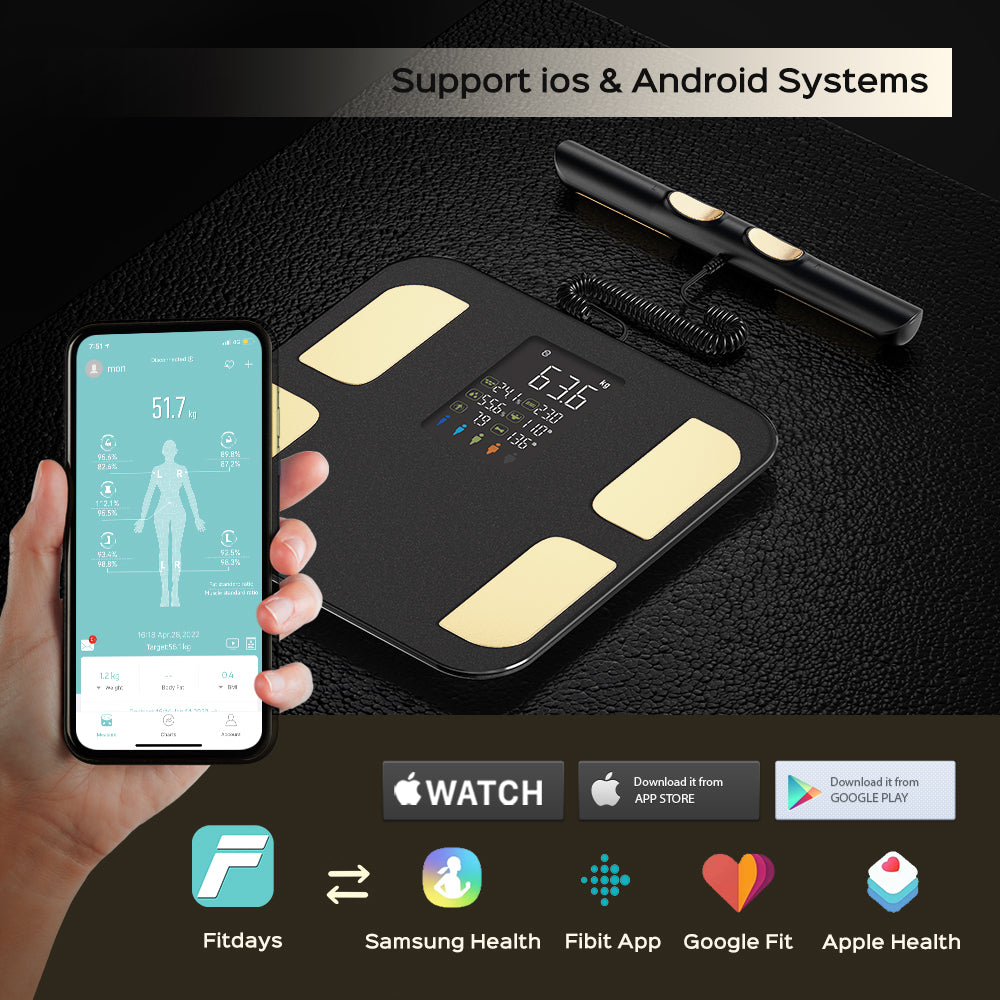 Smart weight scale with smartphone app on a dark background
