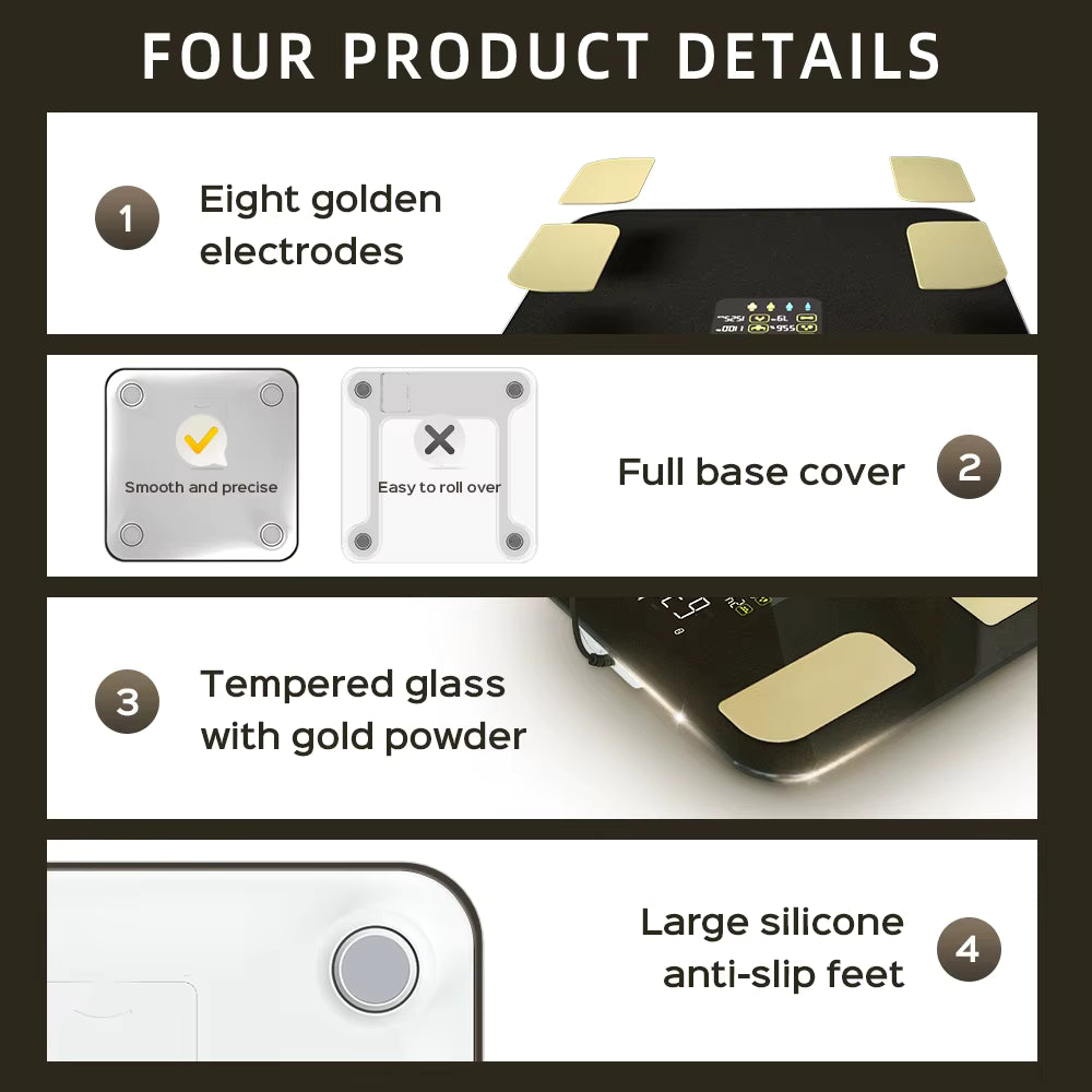 Product details of a device with eight golden electrodes, full base cover, tempered glass with gold powder, and large silicone anti-slip feet.